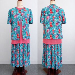 Vintage floral skirt set with neon pink mesh top- 8